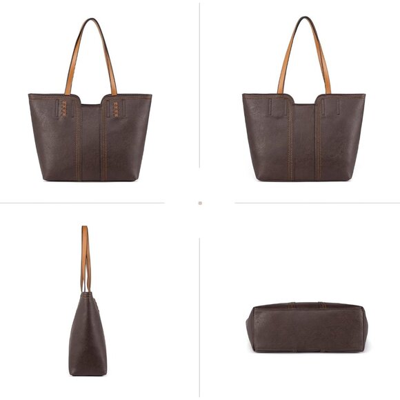 👑Women\'s Dark Coffee Leather Classic Top Handle Zipper Pockets Casual Tote Bag